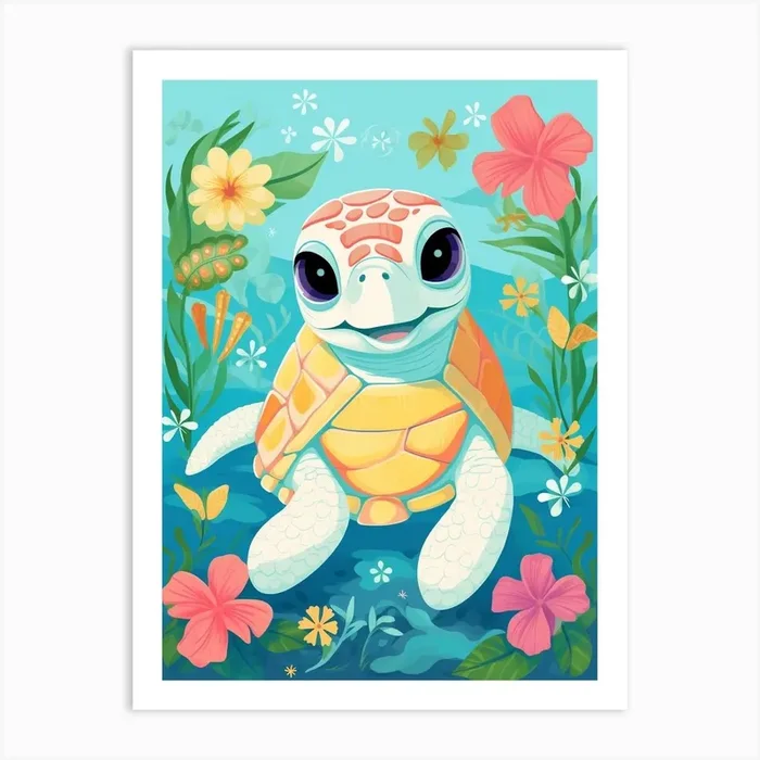 Cute Cartoon Sea Turtle And Tropical Flowers Art PrintMM by Marine Masterpieces