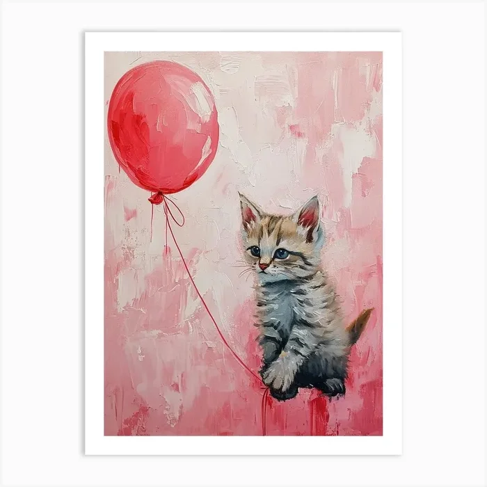 Cute Cat 7 With Balloon Art Print by Scribble Studio