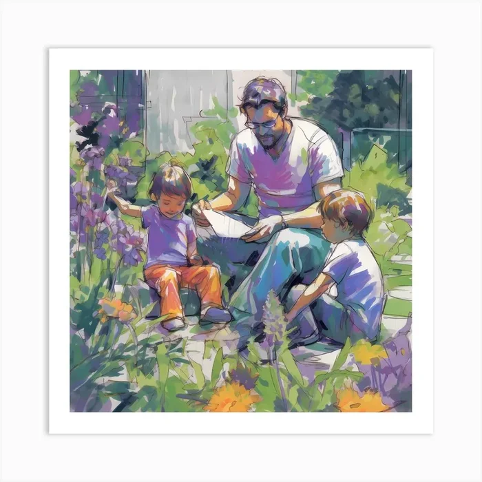Dad and Kids in the Summer Art PrintS by SMLThreads