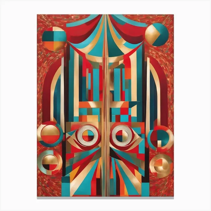 Dare – Abstract Art Deco Geometric Shapes Oil Painting Modernist Picasso Inspired Bold Gold Green Turquoise Red Face Visionary Fantasy Style Wall Decor Surrealism Trippy Cool Room Art Invoke Psychedelic Canvas PrintFS by Free Spirits & Hippies