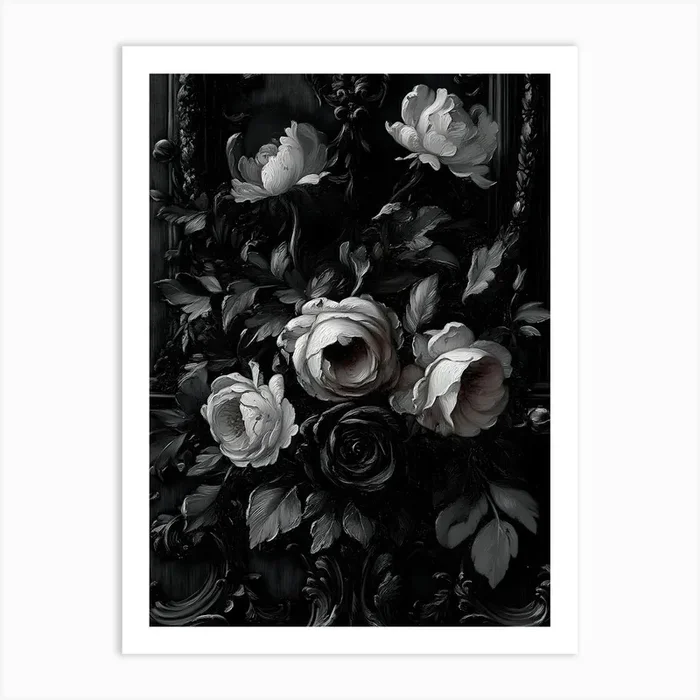 Dark Gothic Black And White Roses Art PrintA by ArtMart