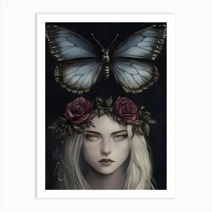 Dark Gothic Butterfly On A Girl’S Head Art PrintA by ArtMart