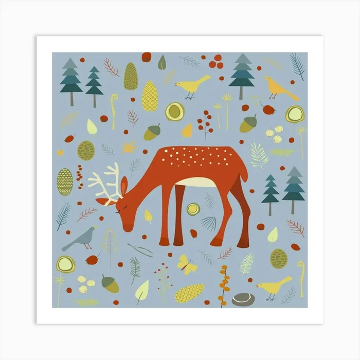 Deer in the Forest Blue Art PrintNS by Nic Squirrell
