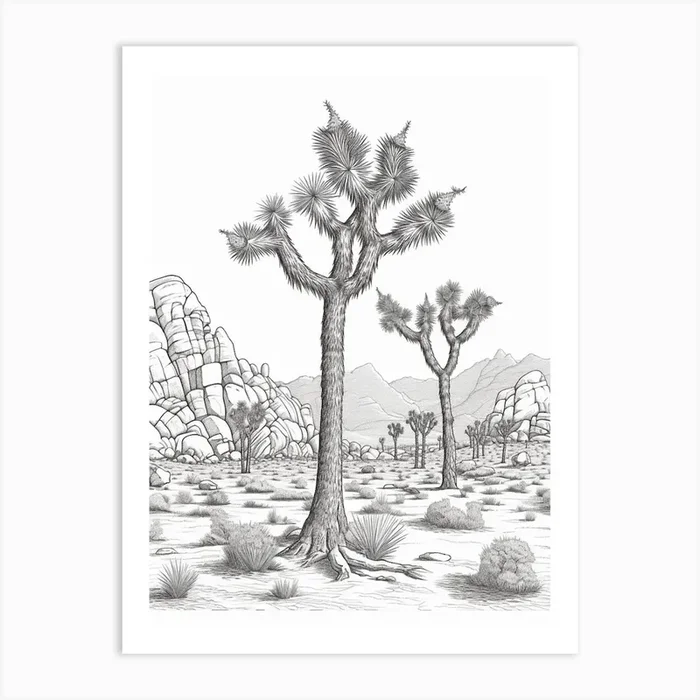 Detailed Drawing Of A Joshua Trees At Dusk In Desert 1 Art PrintTP by TreeTopia Prints