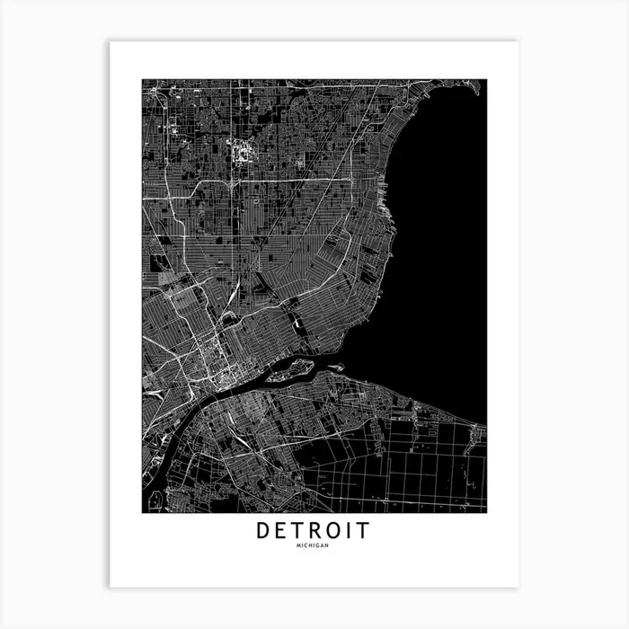 Detroit Black And White Map Art Print by multipliCITY