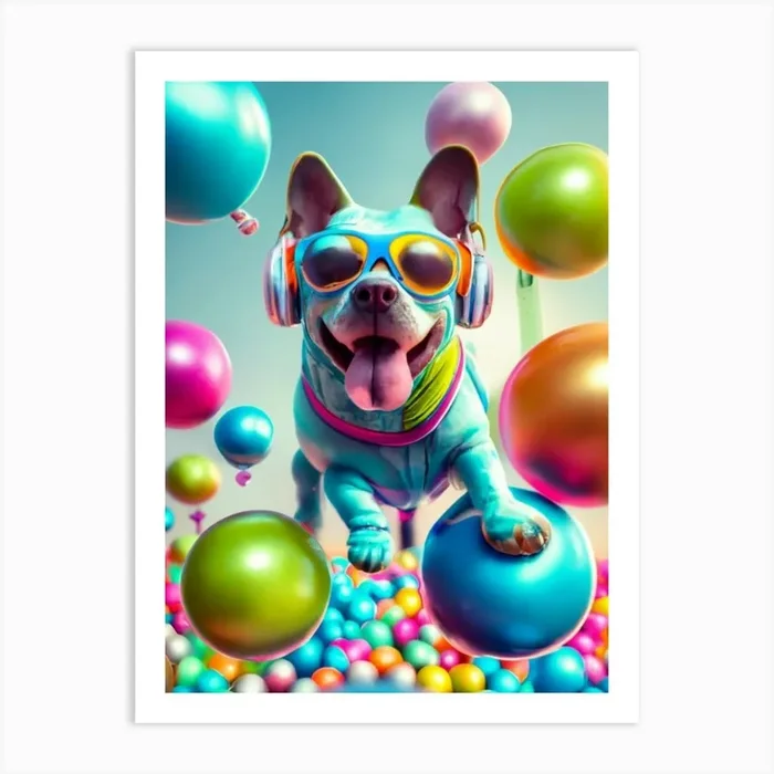 Dog With Headphones And Balloons Art Print by FOX & JAY