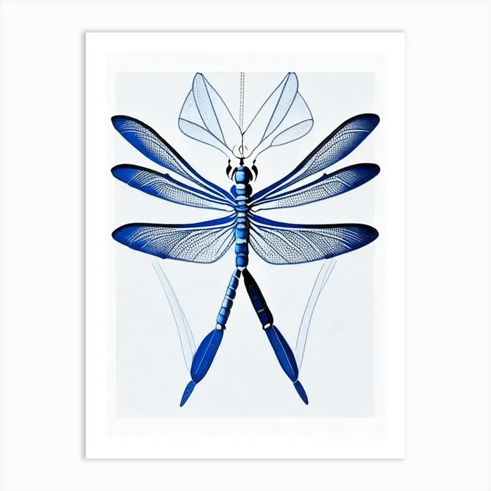 Dragonfly Symbol Blue And White Line Drawing Art PrintSE by Symbolic Expressions