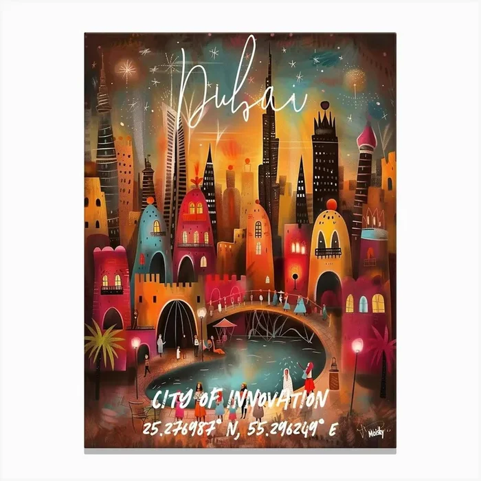 Dubai City Of Innovation, folk naive and whimsical poster Canvas Print by Moisky
