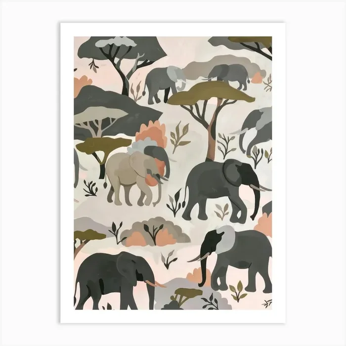 Elephants Pastels Jungle Illustration 2 Art Print by Tropic of Eden