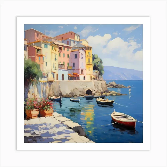 Ethereal Streets: Pastel Seaside Art Print by Quantum Vivid Digital Art