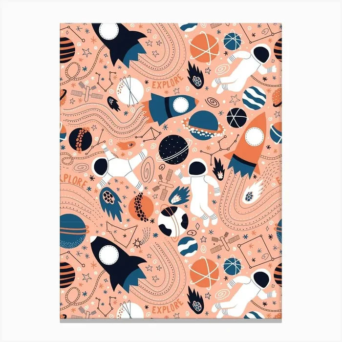 Explore Outer Space – Peach, Navy, Black and Orange Universe Kids Canvas Print by Sandra Hutter Designs