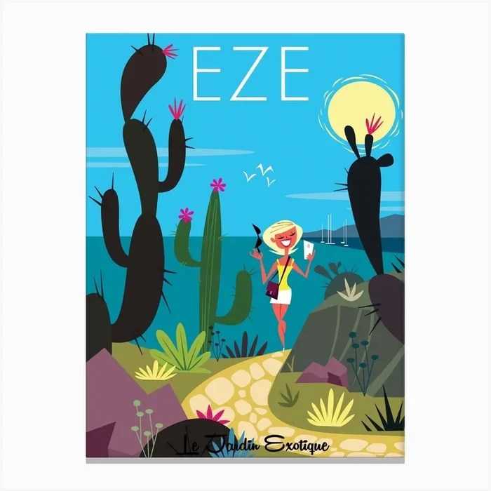 Eze Le Jardin Exotique Poster Blue & Green Canvas Print by Gary Godel