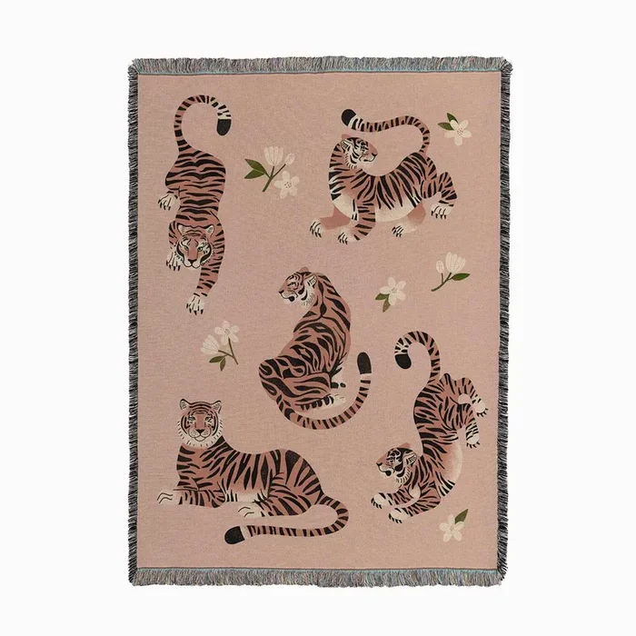 Fierce Tigers in Peach Woven Throw by Jess Miller Draws