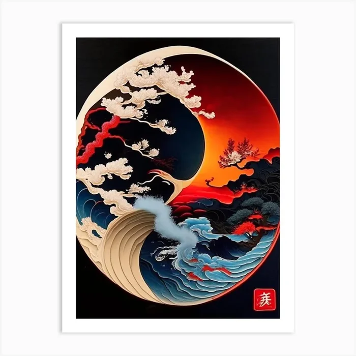 Fire And Water 1, Yin and Yang Japanese Ukiyo E Style Art PrintSE by Symbolic Expressions