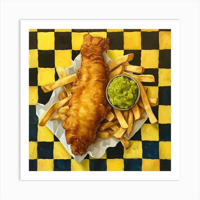 Fish & Chips Yellow Checkerboard 1 Art Print by Artful Appetite