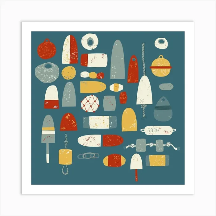 Fishing Lures Floats Nets and Buoys Teal Green Art PrintNS by Nic Squirrell