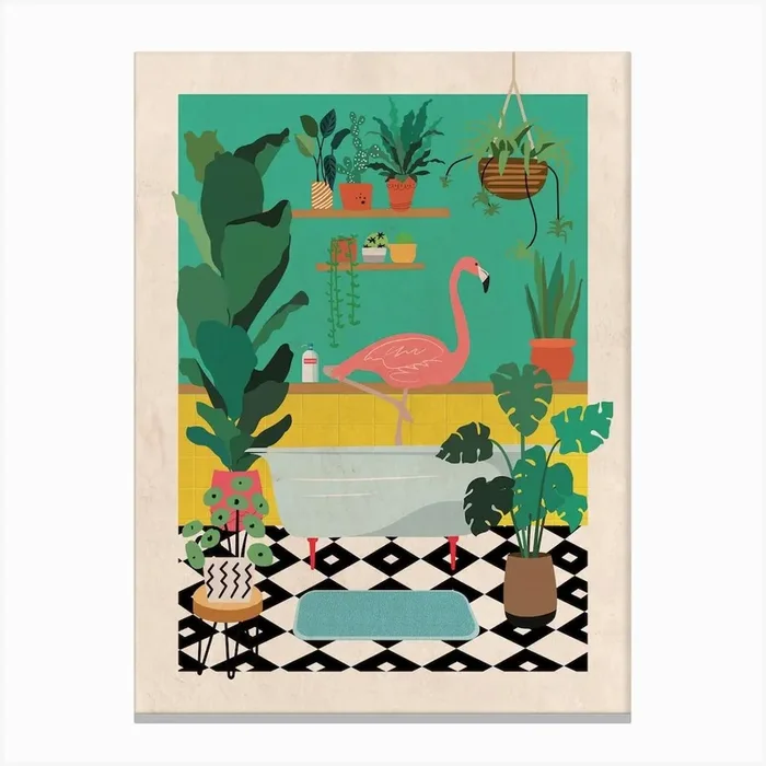 Flamingo Bathtime Canvas Print by WallChart Prints