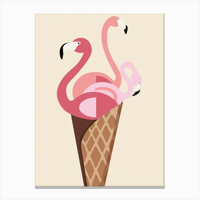 Flamingo Ice Cream Wafer Birds Cone Nature Art Drawing Sketch Canvas Print by Etnousta