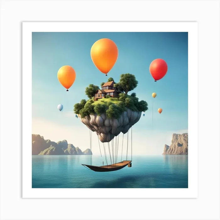 Floating House With Balloons Art PrintW by Wisdom