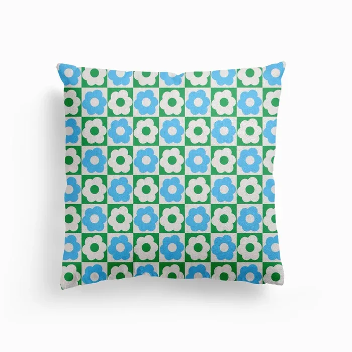 Floral Checker Green Blue Canvas Cushion by Jodi Feddon