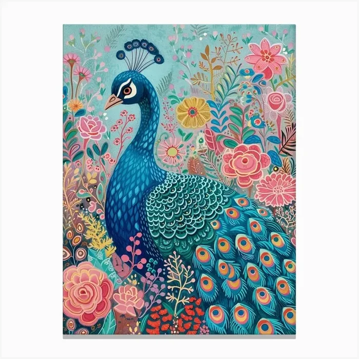 Floral Folky Peacock In The Meadow 1 Canvas Print by Featherline