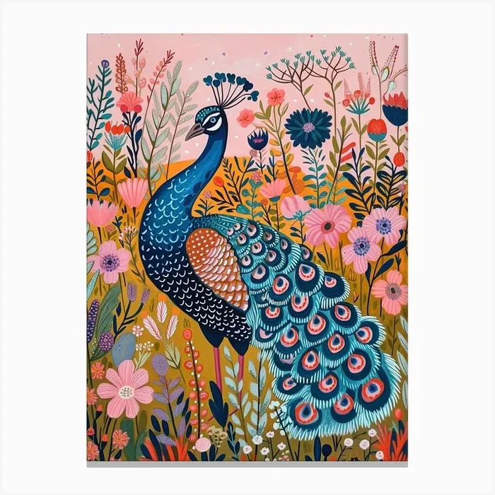 Floral Folky Peacock In The Meadow 2 Canvas Print by Featherline