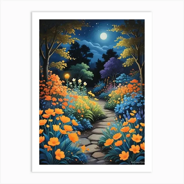 Floral Night Garden Scene (4) Art Print by Hamza