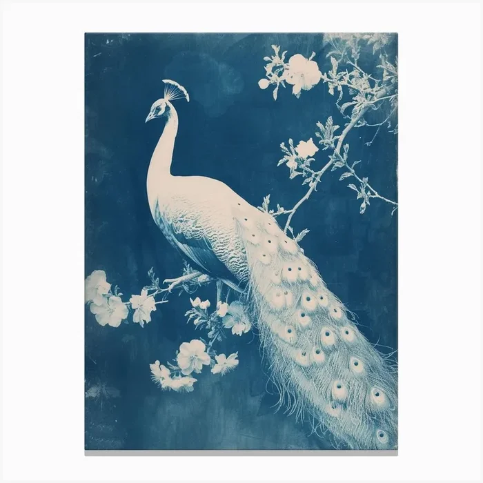 Floral White & Blue Peacock 1 Canvas Print by Featherline