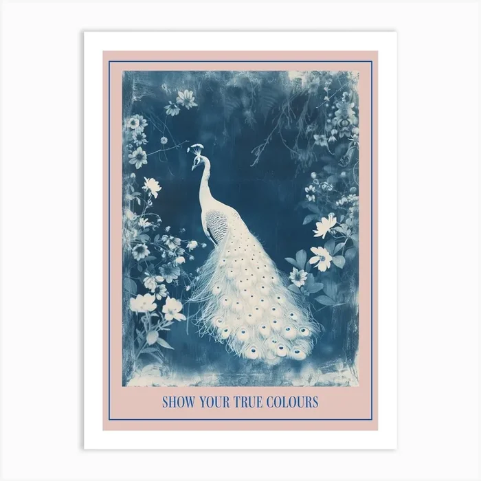 Floral White & Blue Peacock 2 Poster Art Print by Featherline