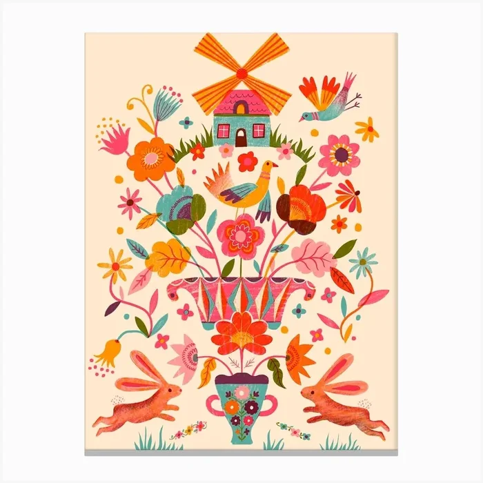 Folk Art Flower Bird Bouquet Canvas Print by Mira Paradies