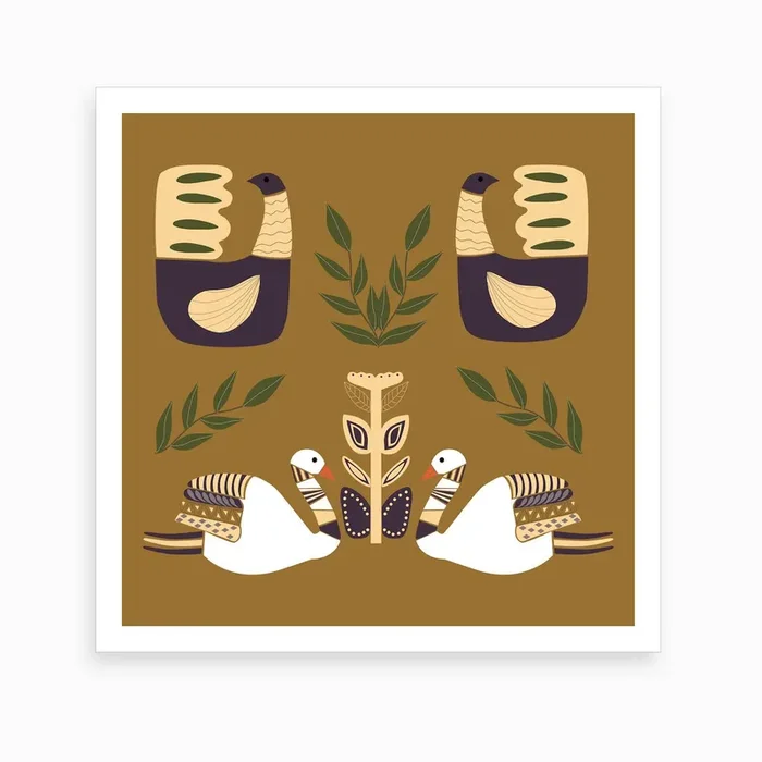 Folkie Elegant Swans And Birds 1 Art Print by Andreea Eremia Design