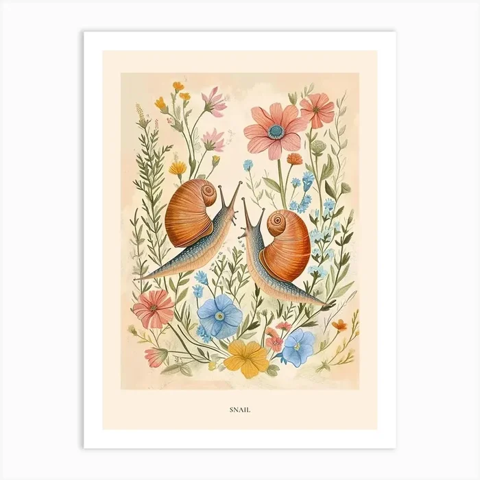 Folksy Floral Animal Drawing Snail 2 Poster Art Print by Scribble Studio