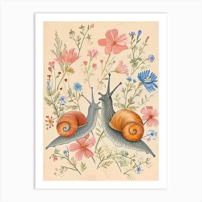 Folksy Floral Animal Drawing Snail Art Print by Scribble Studio