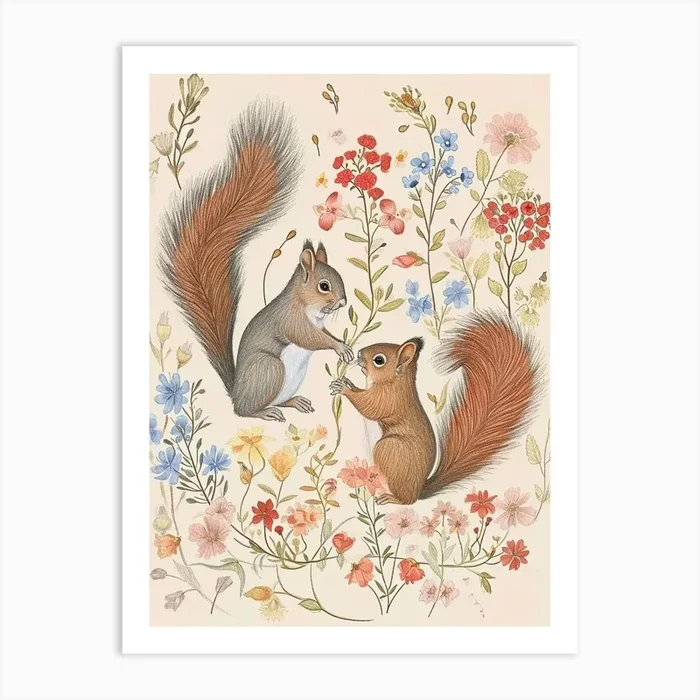 Folksy Floral Animal Drawing Squirrel 3 Art Print by Scribble Studio