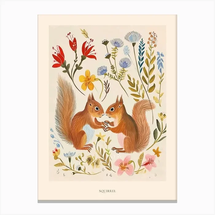 Folksy Floral Animal Drawing Squirrel 5 Poster Canvas Print by Scribble Studio