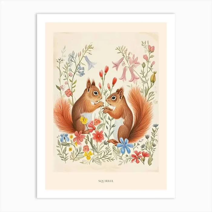 Folksy Floral Animal Drawing Squirrel Poster Art Print by Scribble Studio