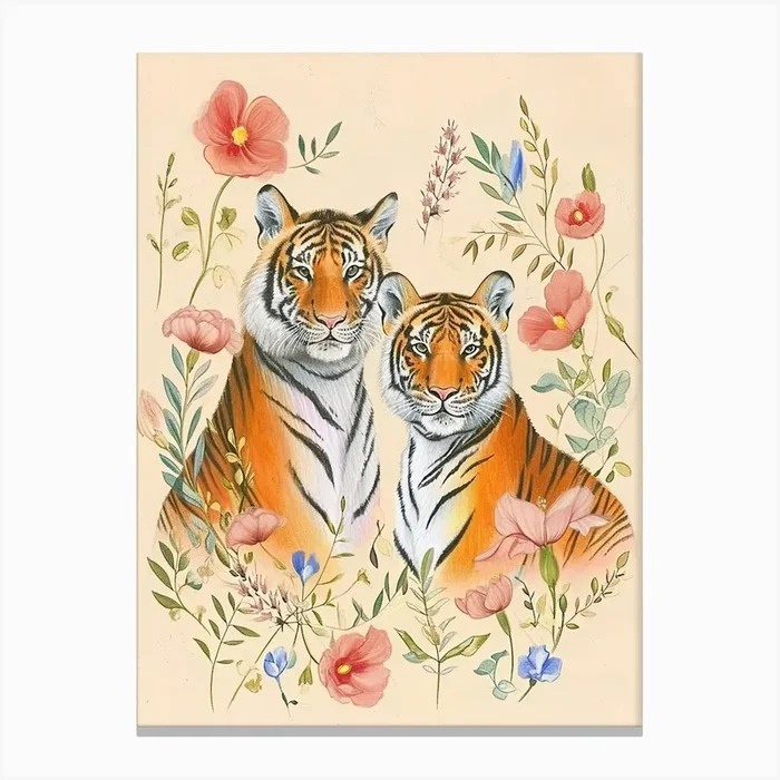 Folksy Floral Animal Drawing Tiger 6 Canvas Print by Scribble Studio