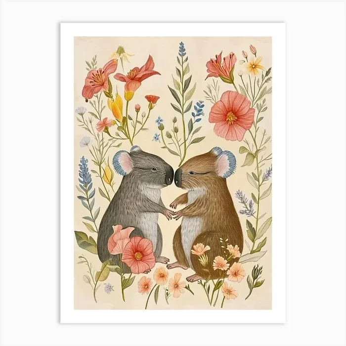 Folksy Floral Animal Drawing Wombat 5 Art Print by Scribble Studio