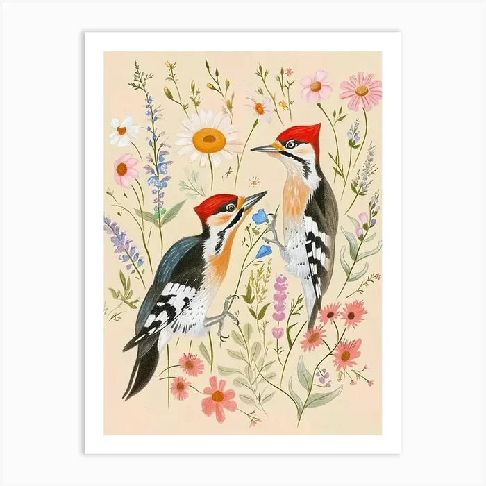 Folksy Floral Animal Drawing Woodpecker Art Print by Scribble Studio