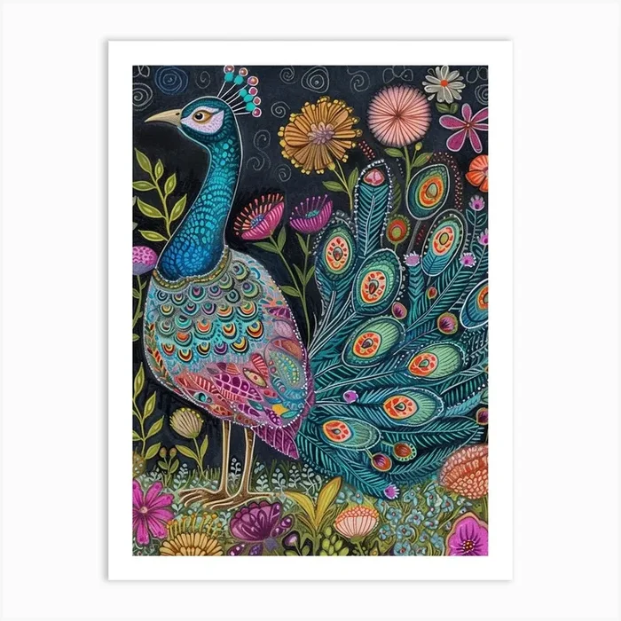 Folky Floral Peacock At Night 2 Art Print by Featherline