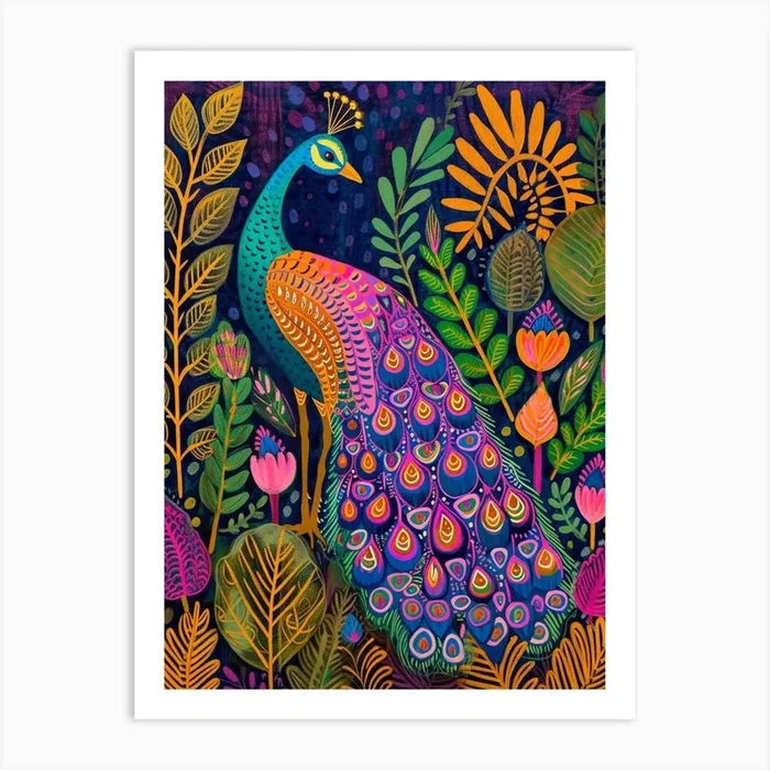 Folky Floral Peacock With The Plants 3 Art Print by Featherline