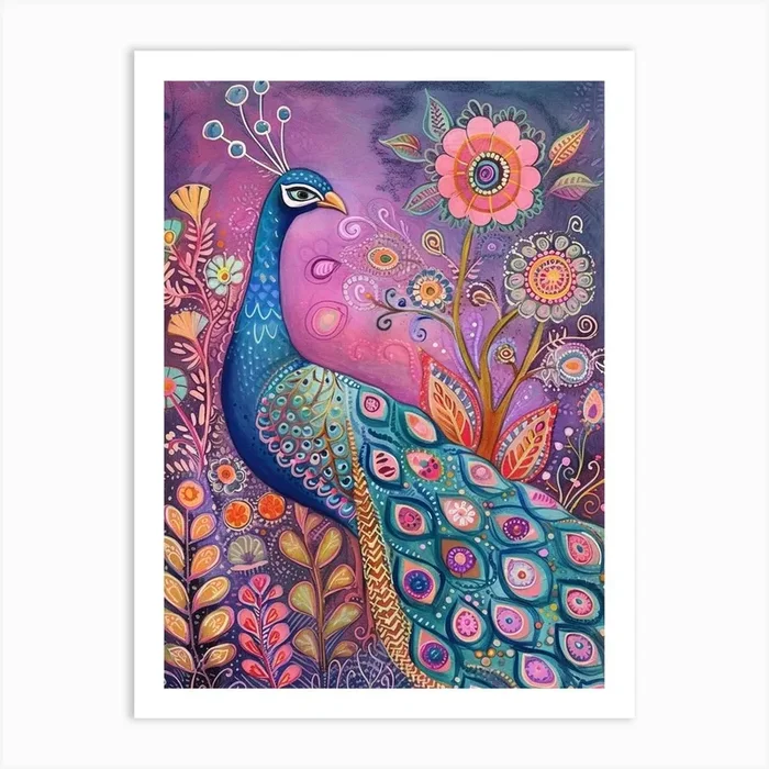 Folky Floral Peacock With The Plants 4 Art Print by Featherline