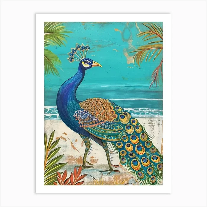 Folky Peacock On The Beach 1 Art Print by Featherline