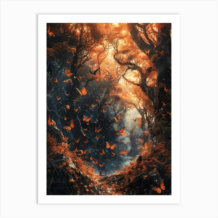 Forest Of Butterflies, Bichromatic, Surrealism, Impressionism Art Print by Moisky