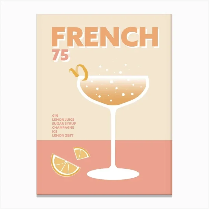 French 75 Cocktail Champagne Prosecco Pink Colourful Kitchen Wall Canvas PrintPA by Peach and Home