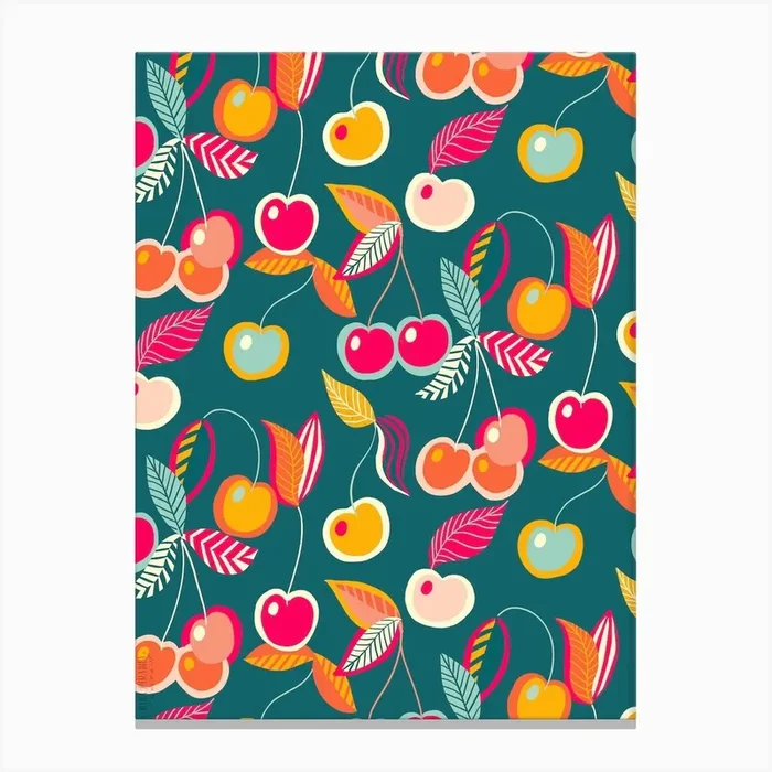 Freshly Picked Cherries Teal Canvas Print by Mira Paradies