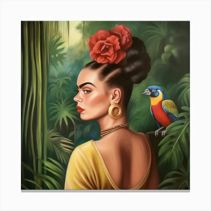 Frida Kahlo mit Papagei, Tropische Florale Illustration Malerei Canvas Print by Carinaprint