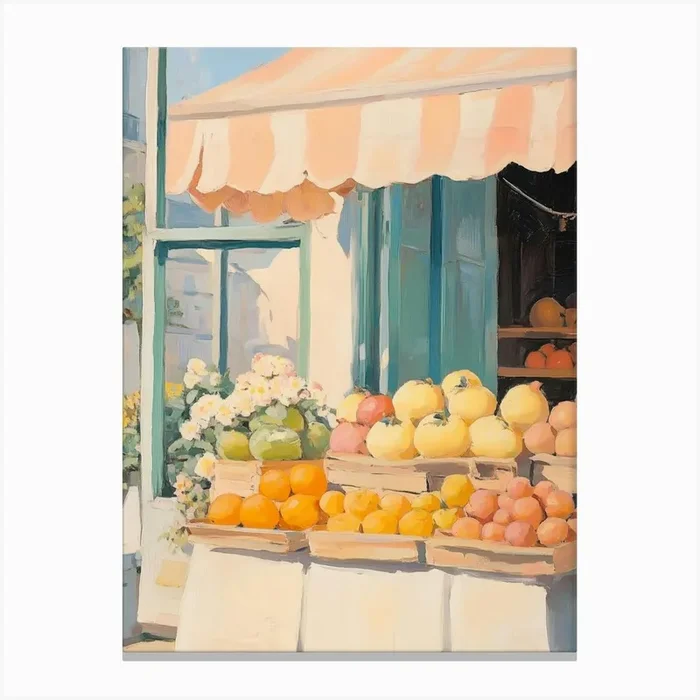 Fruit Stand with Flowers and Awning Canvas Print by Melloi Art Prints
