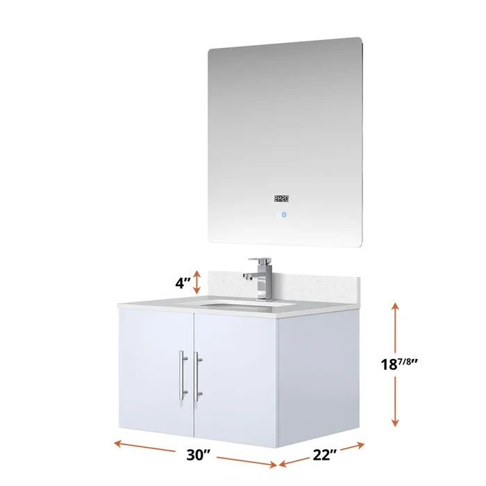 Geneva 30 in. W x 22 in. D Glossy White Bath Vanity, White Quartz Top, Faucet Set, and 30 in. LED Mirror