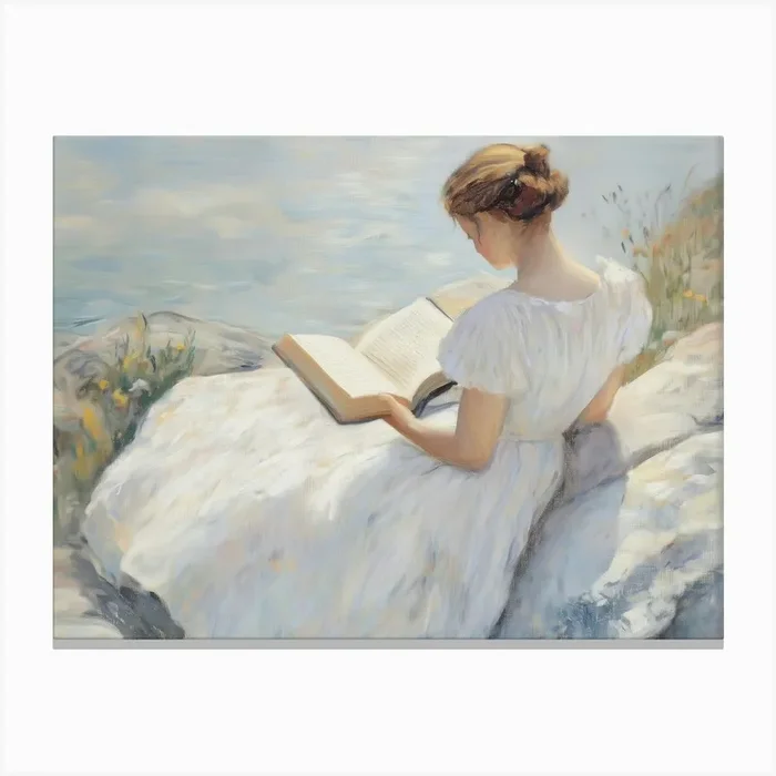 Girl Reading A Book By The Lake Canvas Print by Melloi Art Prints